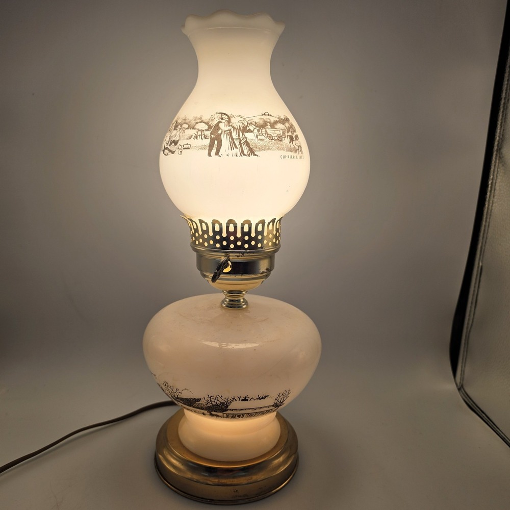 Vtg Currier and Ives Milk Glass Hurricane Electric Lamp Country Harvest 2 Bulbs